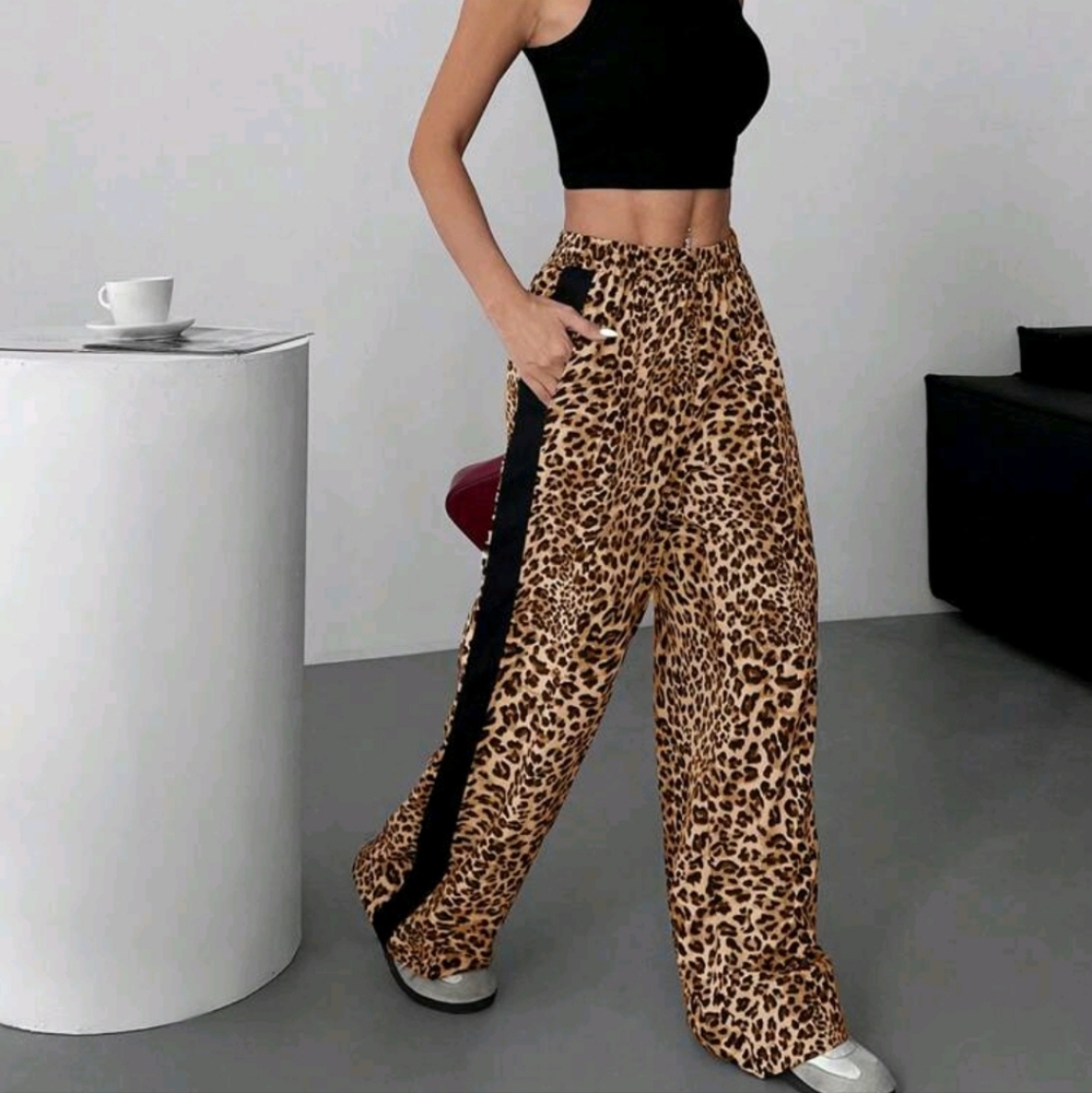 Women Woven Leopard Print Patchwork Ribbon Casual Pants - Picture 3 of 5
